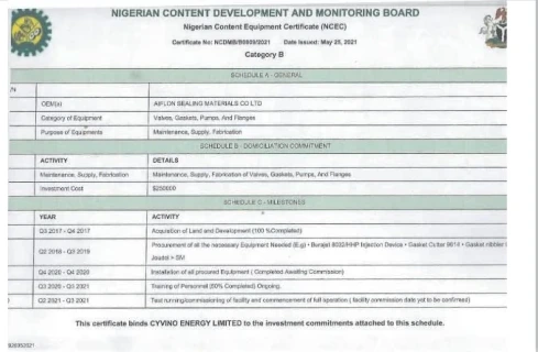 NCDMB Nigerian Content Certificate