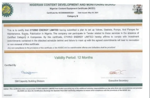 NCDMB Nigerian Content Certificate — Validity